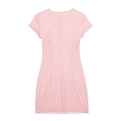 Vestido Mini Gingham Rosa Para Mujer Manga Corta Sexy Aberturas Cordones Ajustado Verano Cuadros Vestido Casual