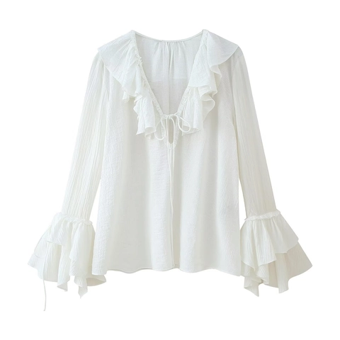 Damen Französische V-Ausschnitt Rüschenbluse Elegant Weiß Lang Glockenärmel Bindedetail Crinkle-Textur Polyester Top