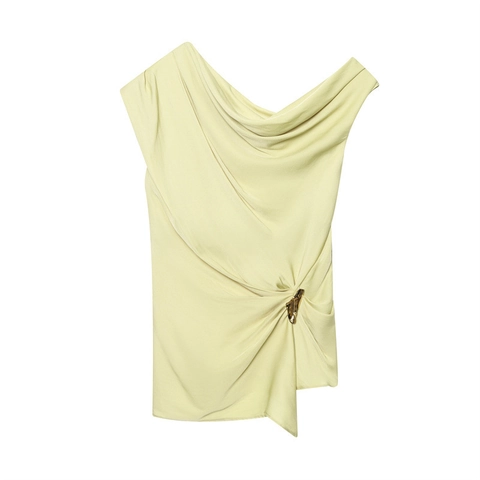 Top de Satén con Cuello Cowl Asimétrico para Mujer Sin Mangas Fruncido Lateral con Hebilla de Oro Blusa de Verano Elegante Color Sólido