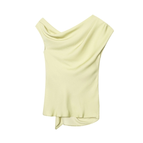 Top de Satén con Cuello Cowl Asimétrico para Mujer Sin Mangas Fruncido Lateral con Hebilla de Oro Blusa de Verano Elegante Color Sólido