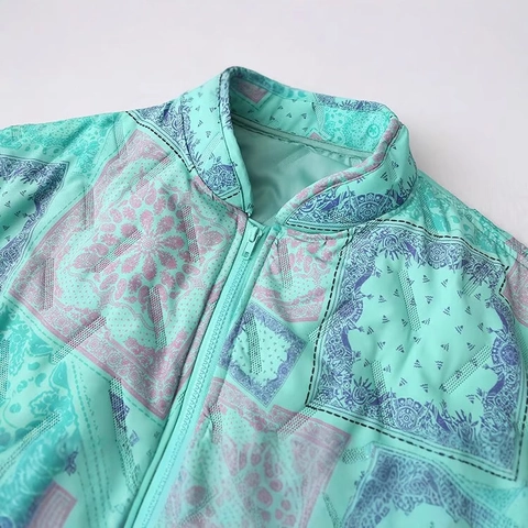 Women's Vintage Paisley Print Quilted Padded Jacket Stand Collar Zip Up Warm Mint Green Outerwear Bohemian Streetwear Loose Casual Coat