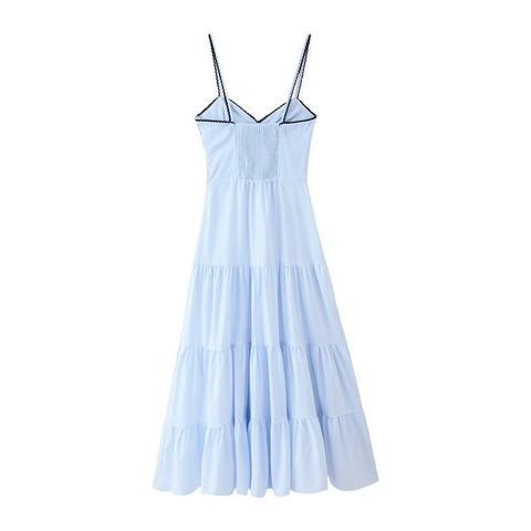 Vestito Maxi a Righe Donna Estate Cami a Balze Bordo a Onde Punto Smock Dietro Senza Maniche Elegante Vacanza Spiaggia