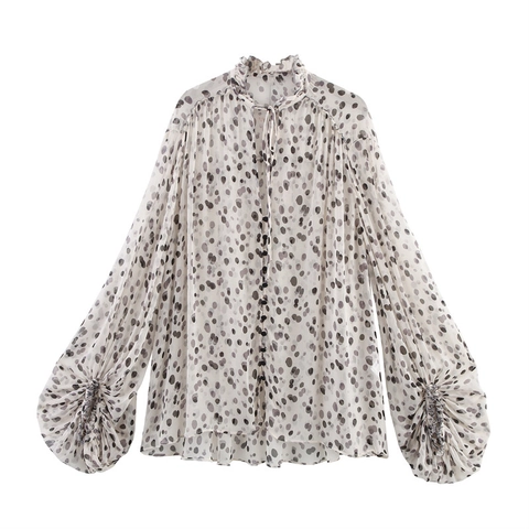 Chemisier Femme Col Montant à Volants à Pois en Mousseline Manches Longues Lacet Élégant Printemps Bureau Tops Standard