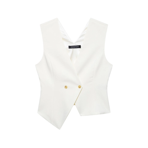 Women's Casual White Asymmetric Hem Vest V Neck Sleeveless Double Breasted Waistcoat Streetwear Spring Fashion Tops