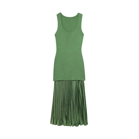 Damen Ärmellos Patchwork Maxikleid Gestricktes Oberteil Satin-Optik Plissee Rock Rundhals Hohe Taille Langes Kleid