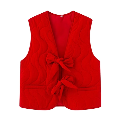 Gilet Trapuntato a Onde Casual da Donna Scollo a V Senza Maniche Cardigan con Fiocco Davanti Autunno Inverno Caldo Gilet Imbottito