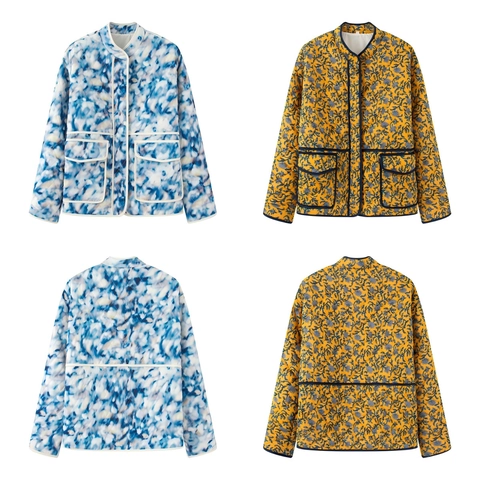 Women Floral Printed Quilted Jacket Lightweight Stand Collar Button Down Long Sleeve Casual Outerwear Coat Padded Parka