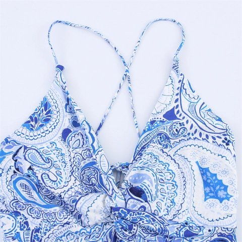 Boho Paisleymuster Leinen Cami Maxikleid V-Ausschnitt Gesmokte Taille Kreuztrücken Frontschlitz Sommerurlaub Langes Sonnenkleid