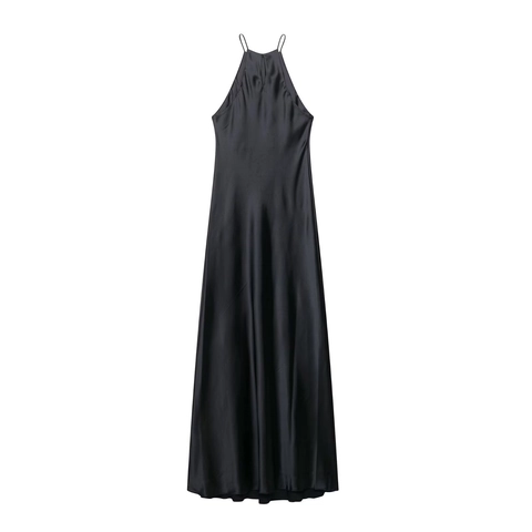 Women Elegant Halter Neck Satin Midi Dress Sleeveless Backless Solid Black Evening Party Banquet Sexy Summer Dress