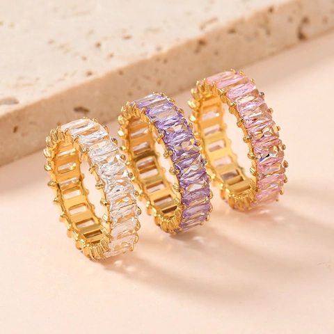 Fashion Stainless Steel Eternity Ring Gold Plated Rectangular Rhinestone Inlaid Band Ring For Women Elegant Jewelry Gift