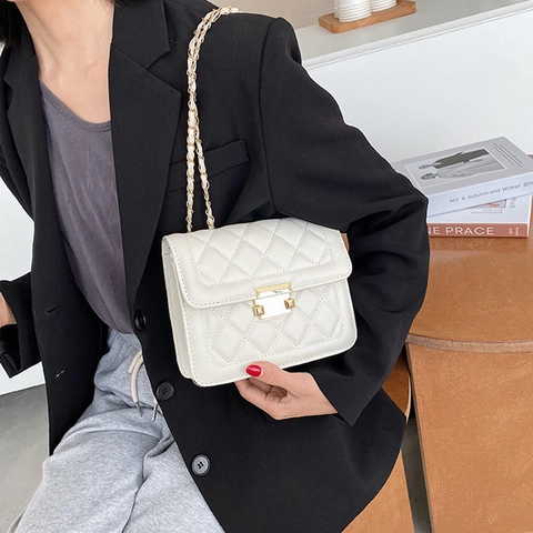 Women Fashion Quilted PU Leather Shoulder Bag With Metal Chain Strap Flap Small Square Crossbody Bag Trendy Elegant