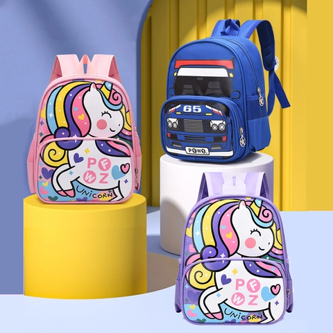 Cartoon Car Unicorn Toddler Backpack Anti-Lost Traction Rope Kindergarten School Bag Waterproof Oxford Cloth Boys Girls