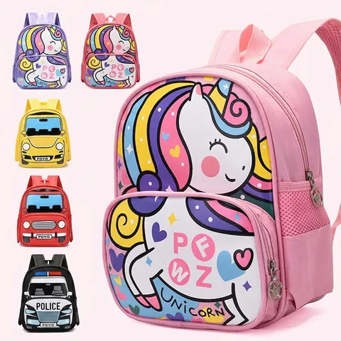 Cartoon Car Unicorn Toddler Backpack Anti-Lost Traction Rope Kindergarten School Bag Waterproof Oxford Cloth Boys Girls