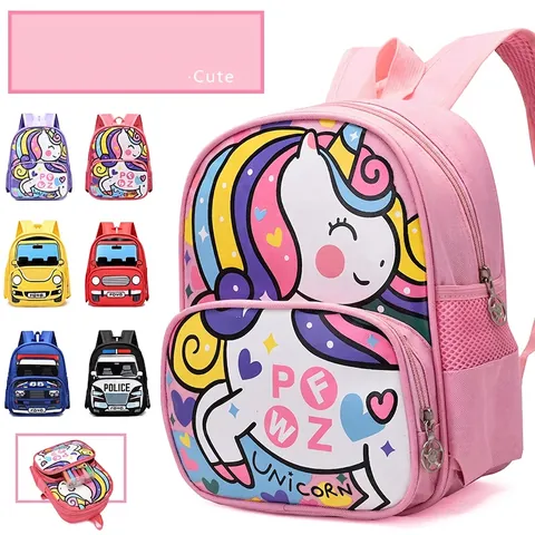 Cartoon Car Unicorn Toddler Backpack Anti-Lost Traction Rope Kindergarten School Bag Waterproof Oxford Cloth Boys Girls