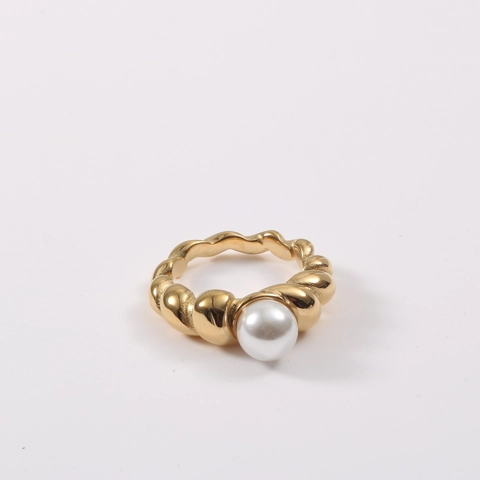 Anello Con Perla Artificial A Spirale Acciaio Inossidabile Placcato Oro 18K Gioielli Eleganti Da Donna
