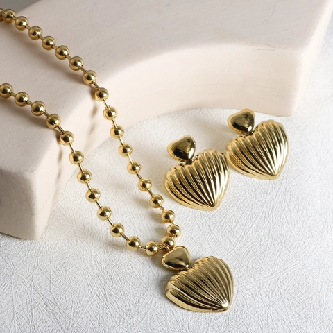 Collana E Orecchini A Cuore In Acciaio Inossidabile Texture A Conchiglia Pendente A Costine Catena A Sfere Gioielli Di Moda Per Donna