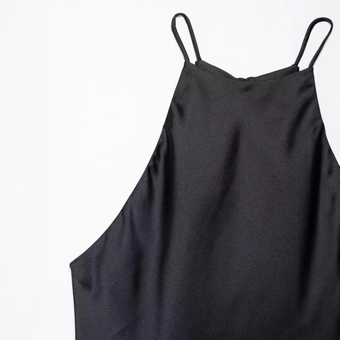 Women Elegant Halter Neck Satin Midi Dress Sleeveless Backless Solid Black Evening Party Banquet Sexy Summer Dress