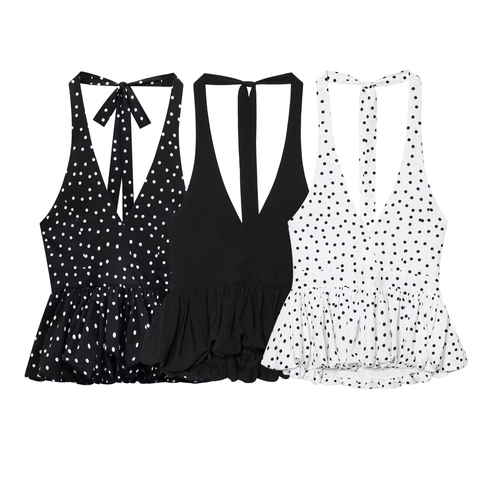Damen Vintage Punktmuster Halter Top Rückenfrei Tiefer V-Ausschnitt Schößchen Ärmellose Weste Sommer Casual Party Mode Hemd