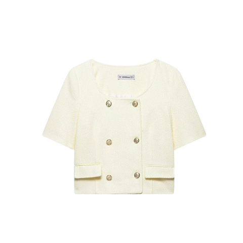 Damen Elegant Tweed Kurzarm Kropfjacke Oder Shorts Mit Hoher Taille Creme Französischer Stil Zweireihige Outfits