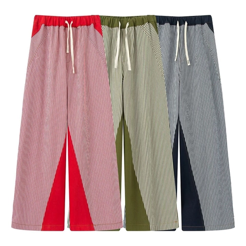 Pantaloni Casual da Donna a Righe Color Block a Gamba Larga Patchwork Coulisse Vita Elastica Dritti Streetwear Moda
