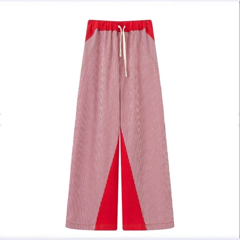 Pantaloni Casual da Donna a Righe Color Block a Gamba Larga Patchwork Coulisse Vita Elastica Dritti Streetwear Moda