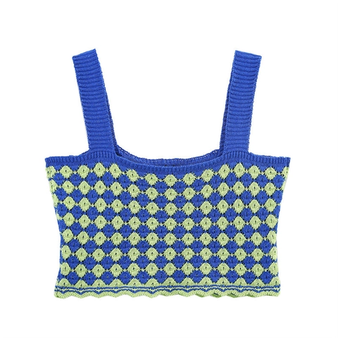 Completo Due Pezzi in Maglia Argyle Vintage da Donna Blu Verde a Scacchi Top Cami Crop Gonna Midi a Vita Alta