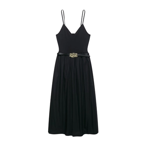 Robe Midi Noire Élégante sans Manches Bretelles Spaghetti Col en V Avec Ceinture Taille Haute Plissée Ligne A Robe de Soirée