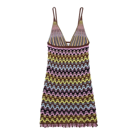 Abito Corto Donna Sexy All'uncinetto Multicolore Zigzag a Maglia Spalline Sottili Scollo a V Bohémien Vacanza Abbigliamento da Spiaggia Abito Corto Aderente
