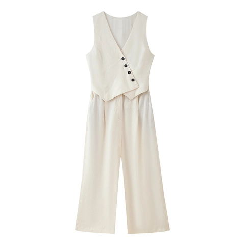 Women Elegant Two Piece Set Office Vest And Wide Leg Pants Sleeveless V Neck Asymmetric Button Suit Solid Color Casual Summer Outfits