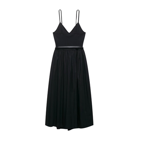 Robe Midi Noire Élégante sans Manches Bretelles Spaghetti Col en V Avec Ceinture Taille Haute Plissée Ligne A Robe de Soirée