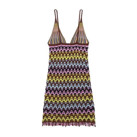 Abito Corto Donna Sexy All'uncinetto Multicolore Zigzag a Maglia Spalline Sottili Scollo a V Bohémien Vacanza Abbigliamento da Spiaggia Abito Corto Aderente