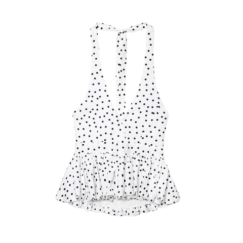 Damen Vintage Punktmuster Halter Top Rückenfrei Tiefer V-Ausschnitt Schößchen Ärmellose Weste Sommer Casual Party Mode Hemd