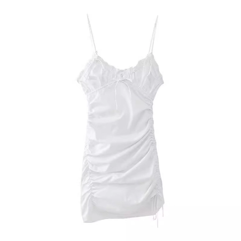 Robe Courte à Bretelles Blanche Pour Femme Col en V Nœud Froncé Cordon de Serrage Sexy Coupe en A Sans Manches Été Fête