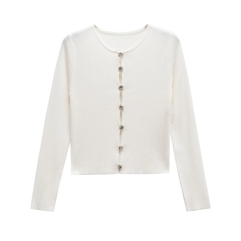 Women's Slim Fit Ribbed Knit Cardigan White Long Sleeve Top With Irregular Silver Metal Buttons Minimalist Casual Sweater