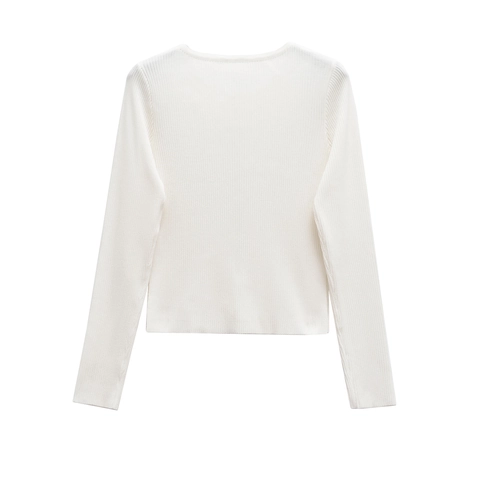 Women's Slim Fit Ribbed Knit Cardigan White Long Sleeve Top With Irregular Silver Metal Buttons Minimalist Casual Sweater