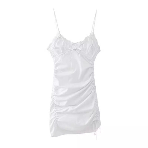 Women White Camisole Mini Dress V Neck Bow Ruched Drawstring Sexy A-Line Sleeveless Summer Party Casual Short Sun Dress