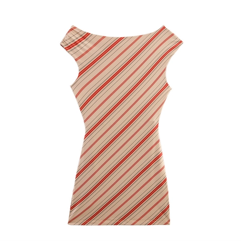 Damen Sexy Asymmetrischer Ausschnitt Mesh Gerafft Midi Kleid Rot Gestreift Ärmellos Slim Fit Etuikleid Party Kleid Streetwear Outfit