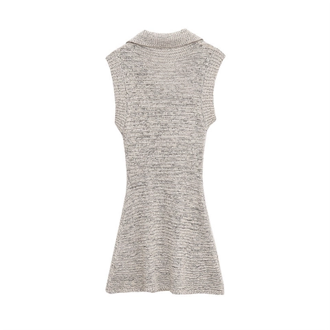 Women's Sleeveless Knit Mini Dress Elegant Lapel V-Neck Tie-Front Heather Gray Slim Fit Casual Short Dress For Summer Spring