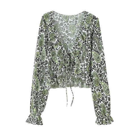 Top Corto con Volantes y Cuello en V para Mujer Manga Acampanada Estampado Paisley Floral Blusa Retro Francés Streetwear Suelto