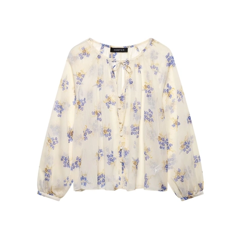 Women's Elegant Floral Chiffon Blouse Round Neck Tie Long Sleeve Loose Semi Transparent Printed Top For Summer Vacation