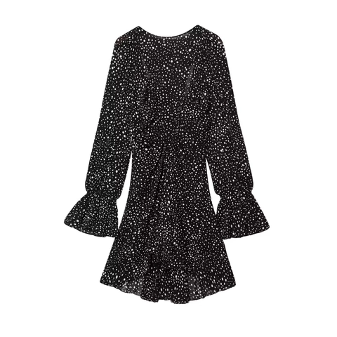 Damen V-Ausschnitt Polka Dot Langarm Minikleid Mit Rüschen Ausgestelltem Ärmel Elegant Streetwear Chiffon Kurzes Kleid