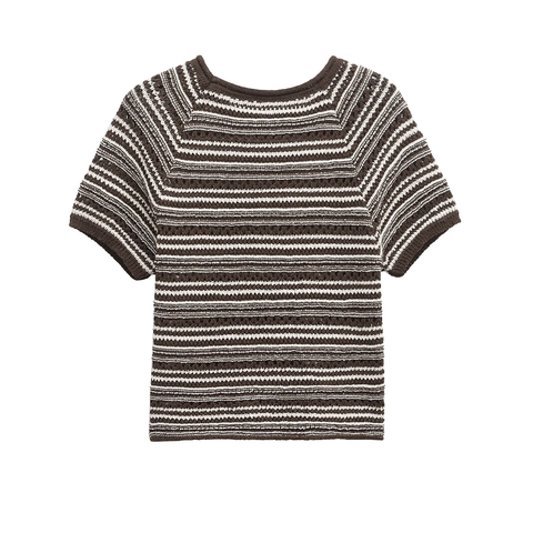 Women's Casual Stripe Knit T-Shirt Hollow Out Crochet Round Neck Short Sleeve Top Brown White Striped Button Knitwear