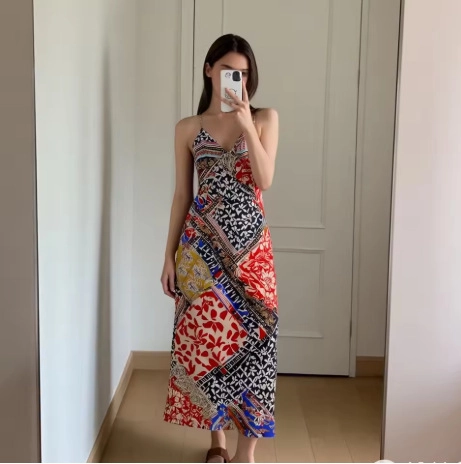 Γυναικείο Μποέμ Patchwork Midi Φόρεμα Λαιμόκοψη V Χωρίς Μανίκια Ξύλινες Χάντρες Ρυθμιζόμενες Τιράντες Καλοκαιρινό Παραλία