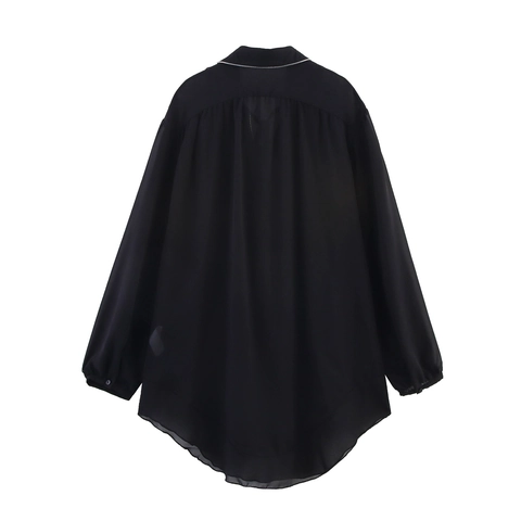 Elegant Black Polyester Long Sleeve Blouse For Women Contrast Piping V-Neck Tie Front Long Shirt Office Casual Work Top