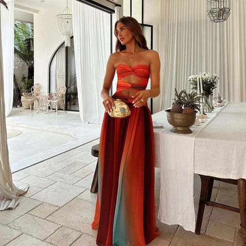 Women Gradient Mesh Strapless Maxi Dress Sexy Ruched Cut Out Vacation Style A-Line Long Dress For Party Wedding