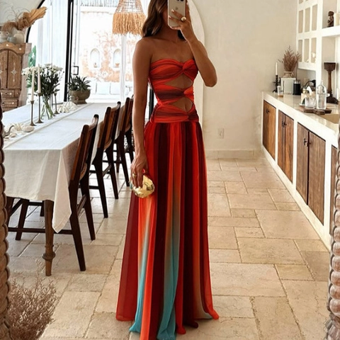 Women Gradient Mesh Strapless Maxi Dress Sexy Ruched Cut Out Vacation Style A-Line Long Dress For Party Wedding