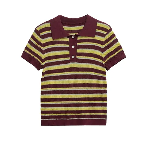 Women Retro Striped Knit Polo Shirt Short Sleeve Button Ribbed Slim Fit Short Top Casual Streetwear Contrast Color Polo Tee