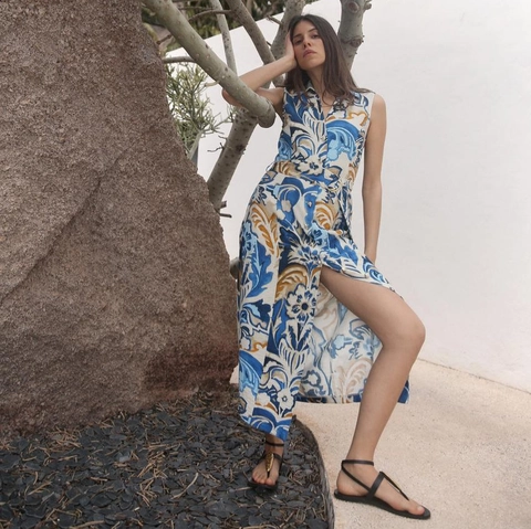 Damen Ärmellos Blumenmuster Leinen Midikleid Einreihig Hoher Schlitz Urlaub Resort Stil Gürtel Sommer Resort Kleid