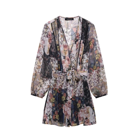 Retro Floral Langarm Chiffon Kleid Gold Lurex Metallstreifen V-Ausschnitt Elegantes A-Linie Mini Kleid Damen Urlaub