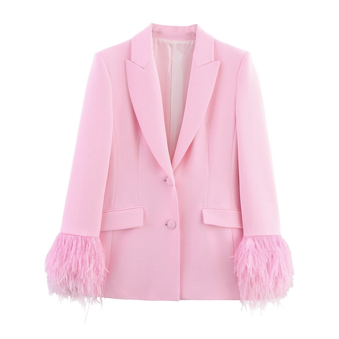 Damen Mode Rosa Blazer Anzug Mit Federmanschetten Hohe Taille Gerade Hose Top Und Hose Set Für Elegante Party Büro Kleidung